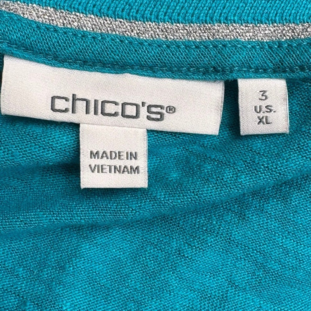 Chico's 100% Linen Oversized Beachy Resortwear Turquoise Metallic Trim Top Sz XL - Picture 3 of 4
